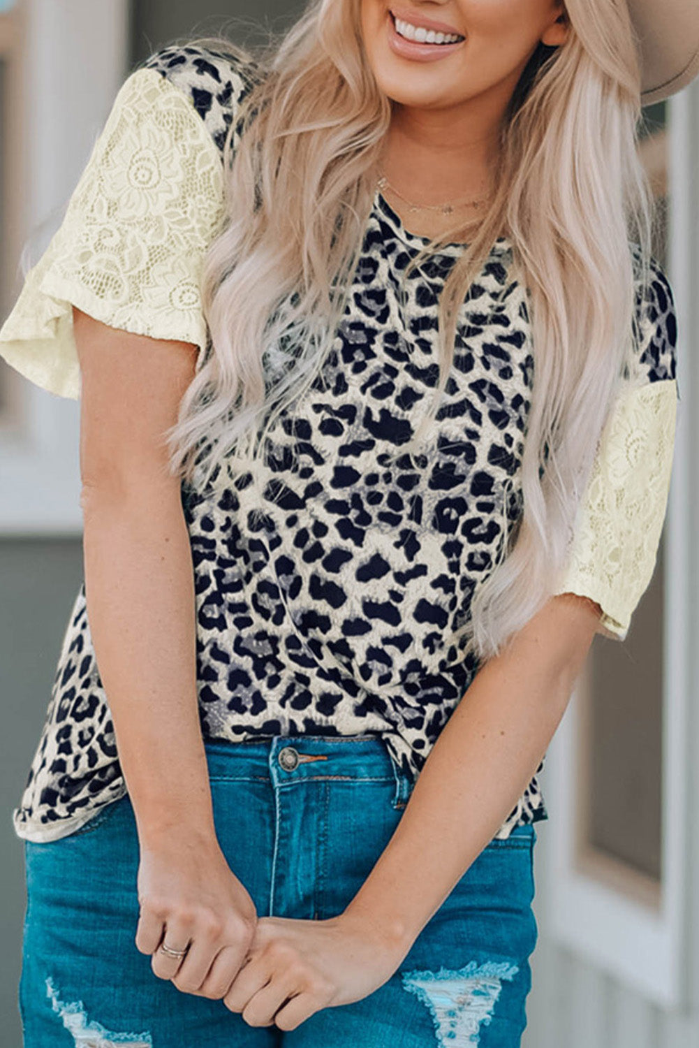 Leopard Lace Split Joint O Neck T-Shirt