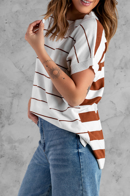 Brown Striped Knit Sweater Short Sleeve Top