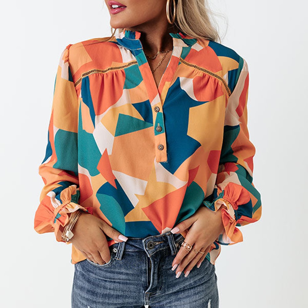 Geometric Patchwork Print Half Buttoned Blouse