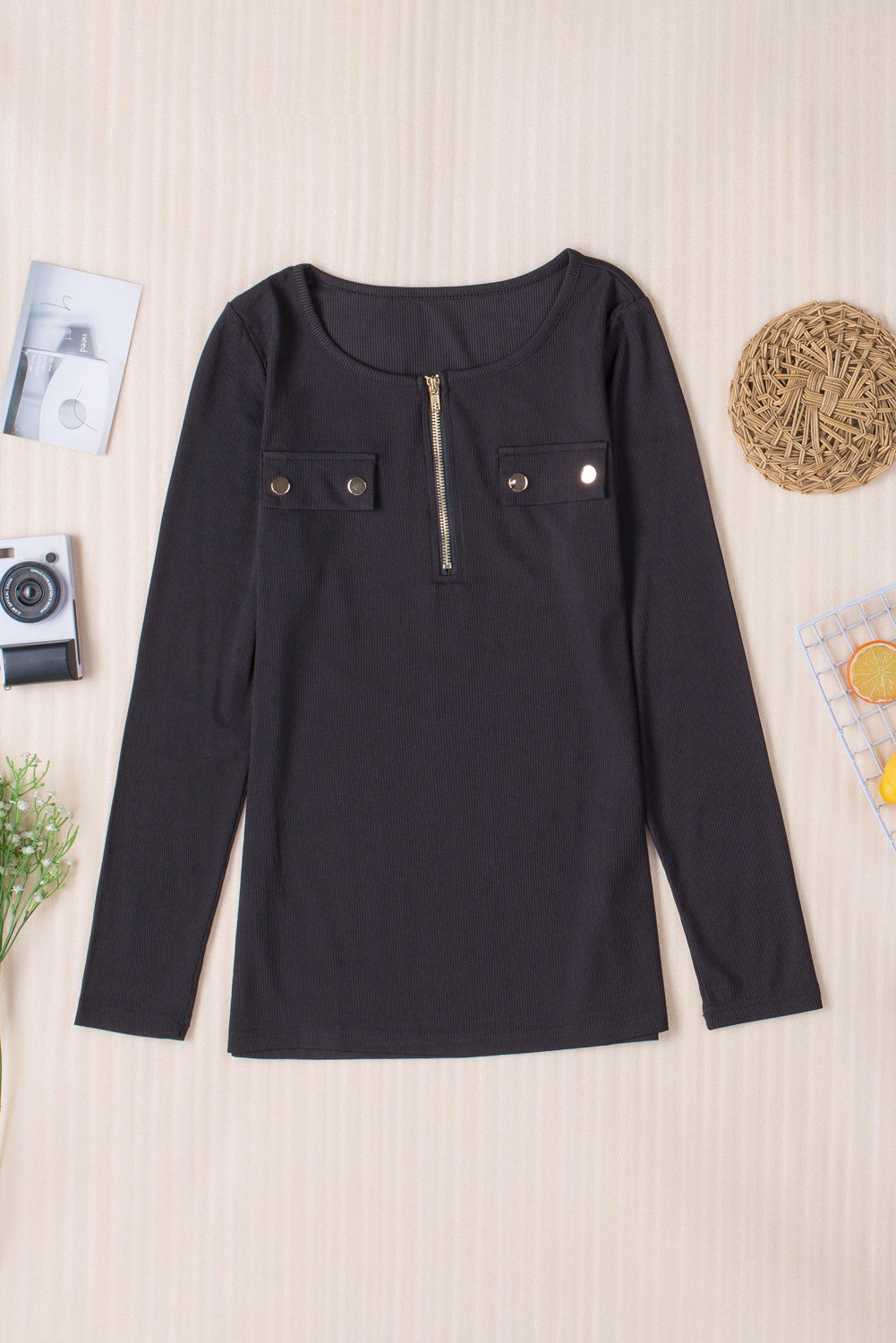 Ribbed Zipper Long Sleeve Top