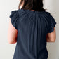 Blue Drawstring V Neck Plus Size Blouse