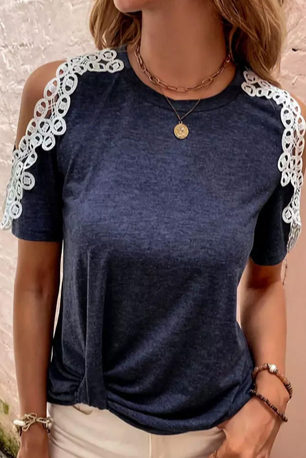 Blue Lace Splicing Twist Cold Shoulder Blouse