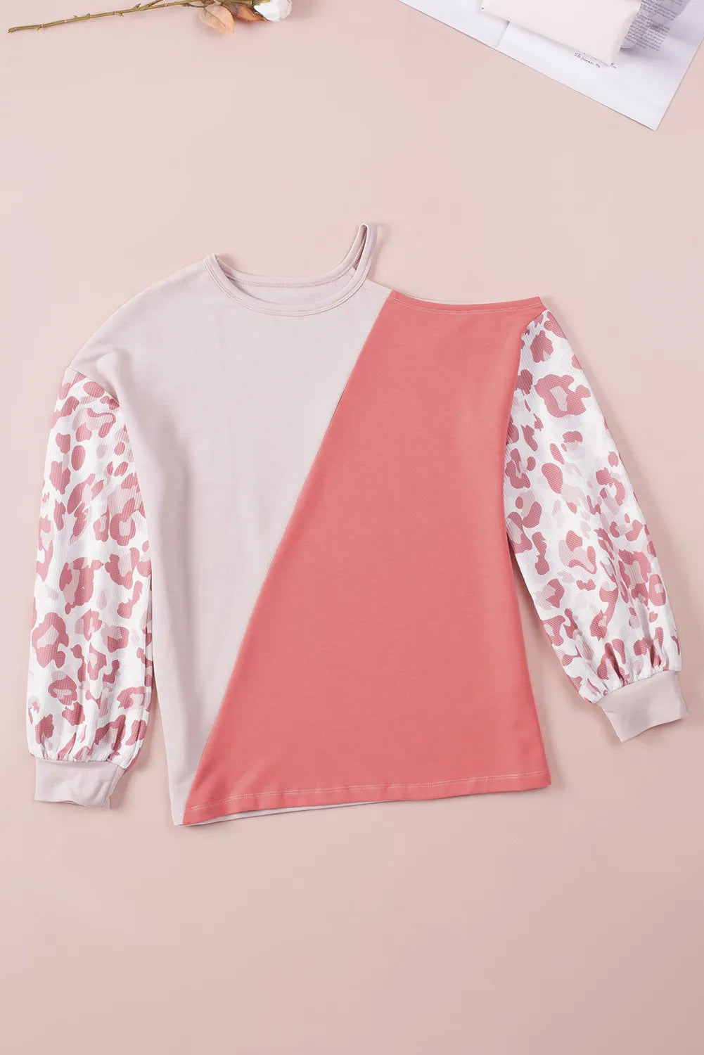 Leopard Sleeve Asymmetric Cold Shoulder Colorblock Knit Top