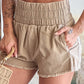 Khaki Smocked Elastic High Waist Casual Shorts