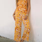 Yellow Floral Print Ruffle Shoulder Smocked Wide Leg Jumpsuit