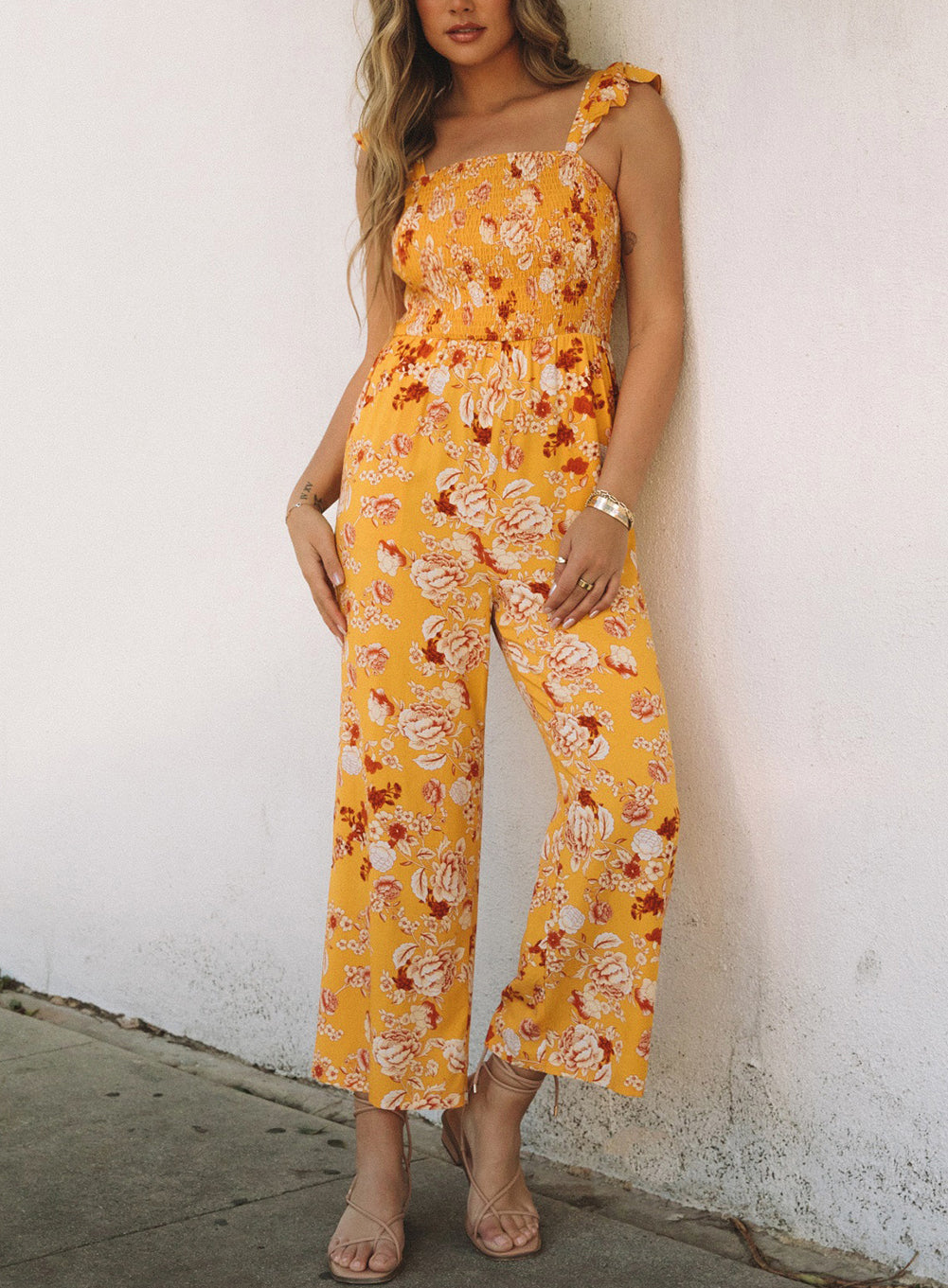 Yellow Floral Print Ruffle Shoulder Smocked Wide Leg Jumpsuit
