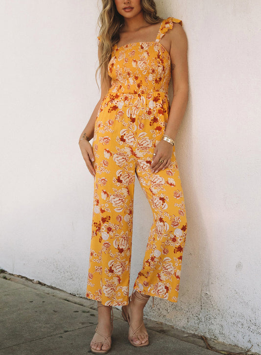 Yellow Floral Print Ruffle Shoulder Smocked Wide Leg Jumpsuit