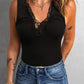 Black Lace V Neck Ribbed Tank Top