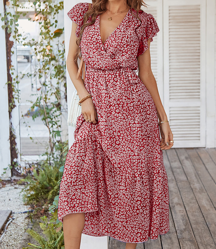 Ruffled V-Neck Neck Waist Floral Dress