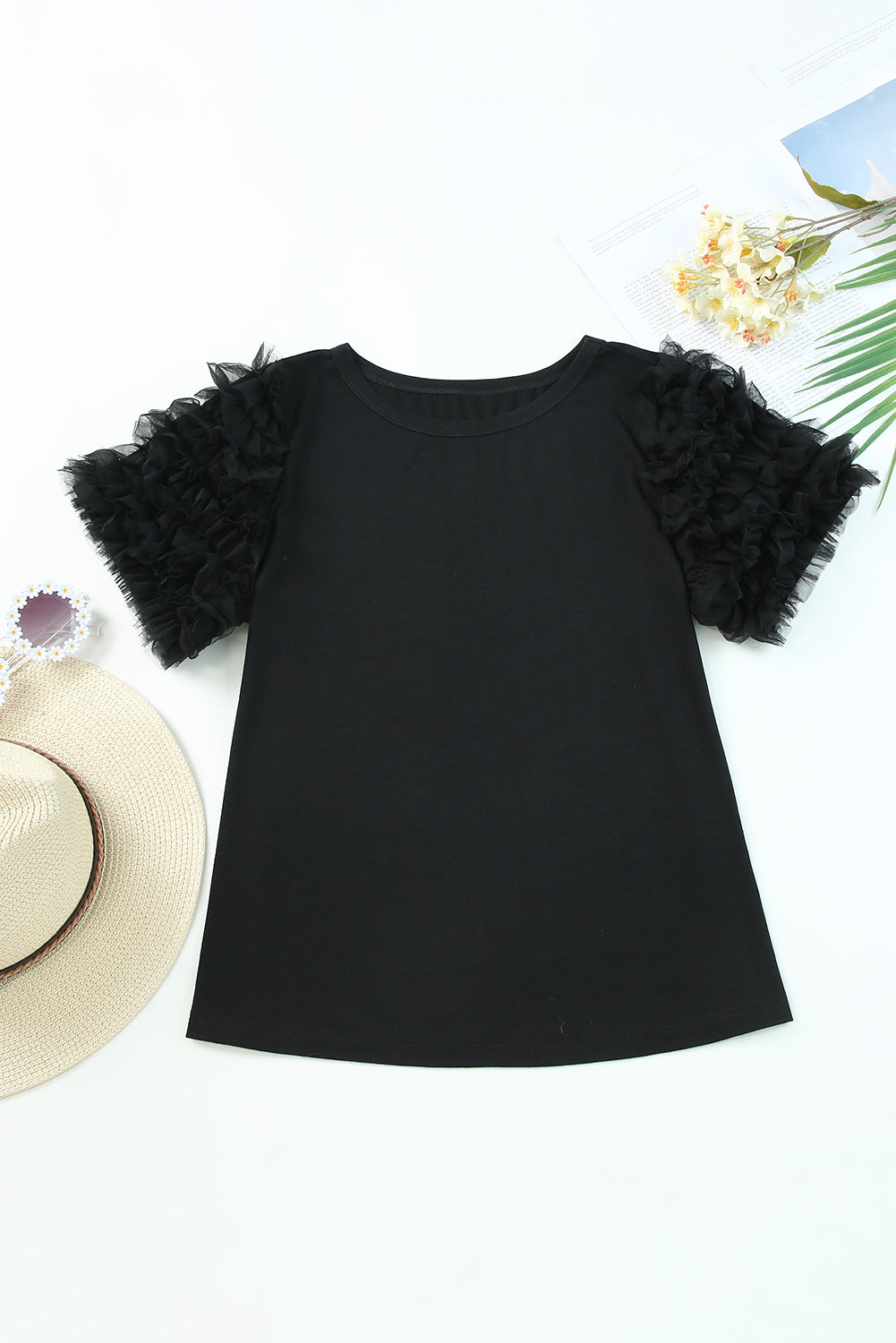 Black Ruffle Short Sleeves Round Neck Top