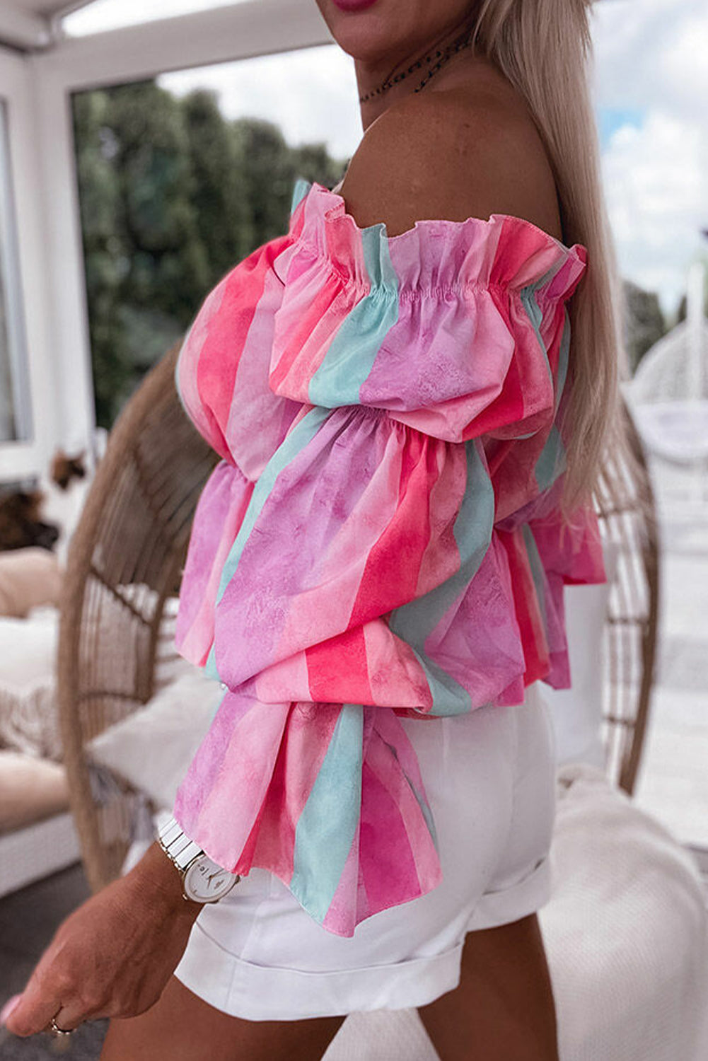 Multicolor Stripe Print Frill Off Shoulder Bubble Sleeve Blouse