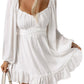 White Plain Ruffled High Waist Square Neck Mini Dress