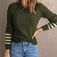Green Striped Sleeve Plain Knit Sweater
