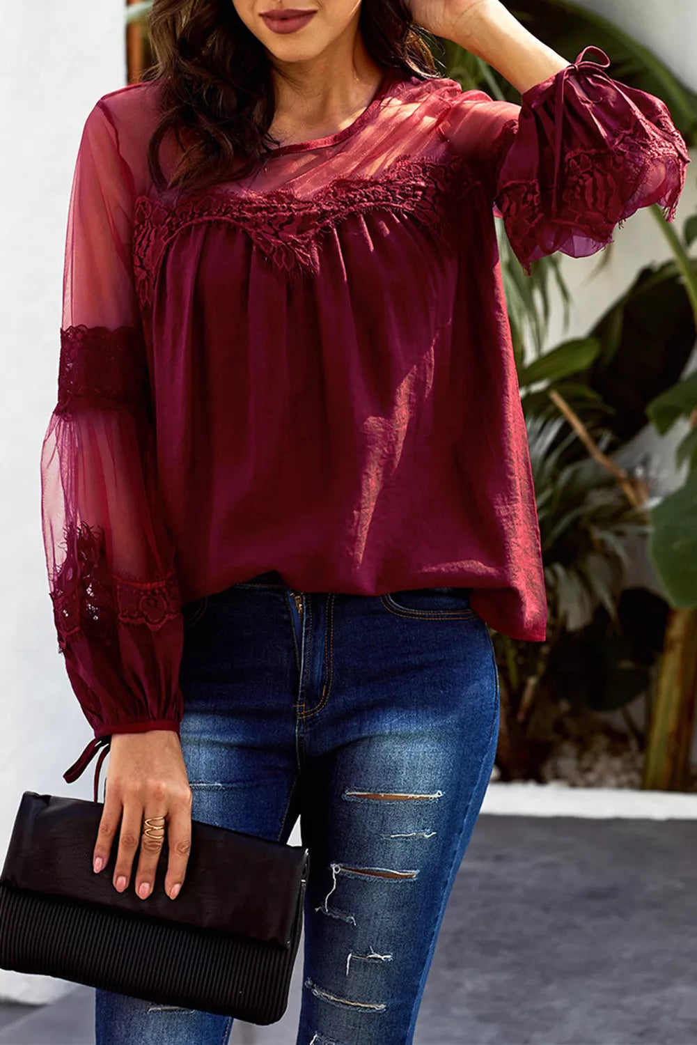 Fashion Lantern-Sleeve Lace Patchwork Top