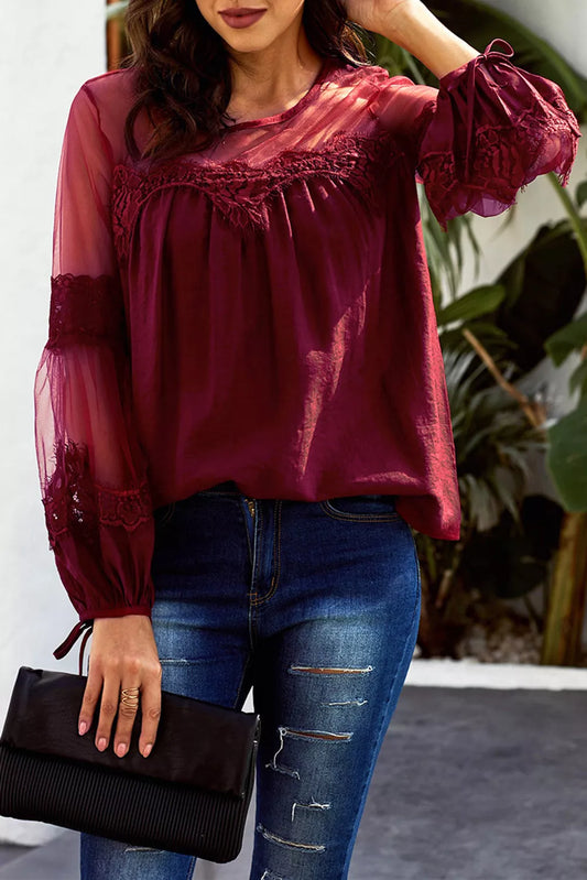 Fashion Lantern-Sleeve Lace Patchwork Top