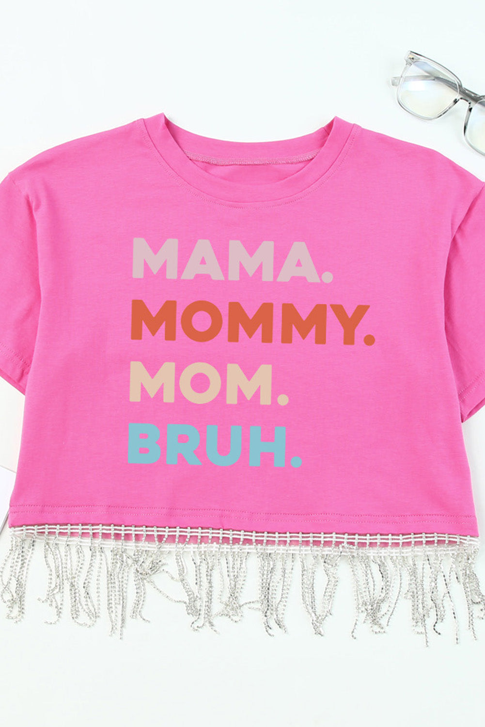 Pink MAMA MOMMY MOM BRUH Rhinestone Fringed Crop Top