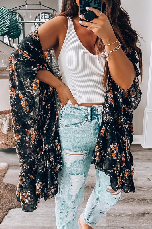 Dainty Floral Print Flowy Kimono
