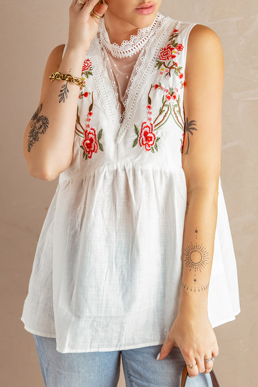 White White Embroidered Crochet Babydoll Tank