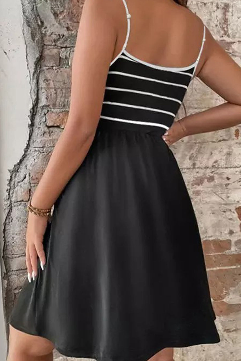 Black Spaghetti Straps Striped Cami Dress with Sash