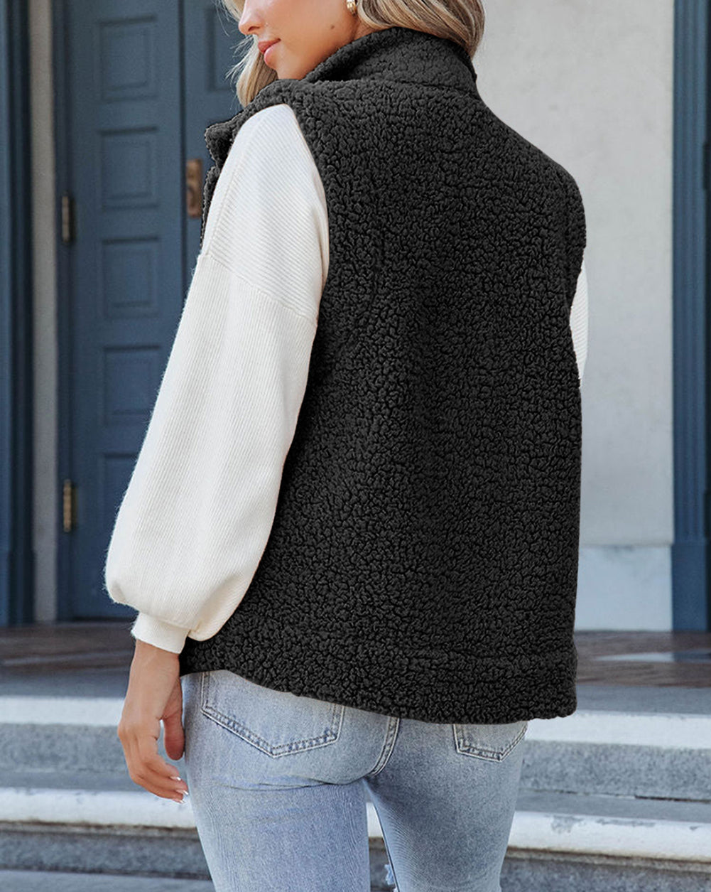 Snap Button Pocketed Sherpa Vest Jacket