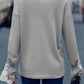 Gray Lace Mesh Flowers Contrast Waffle Knit Top