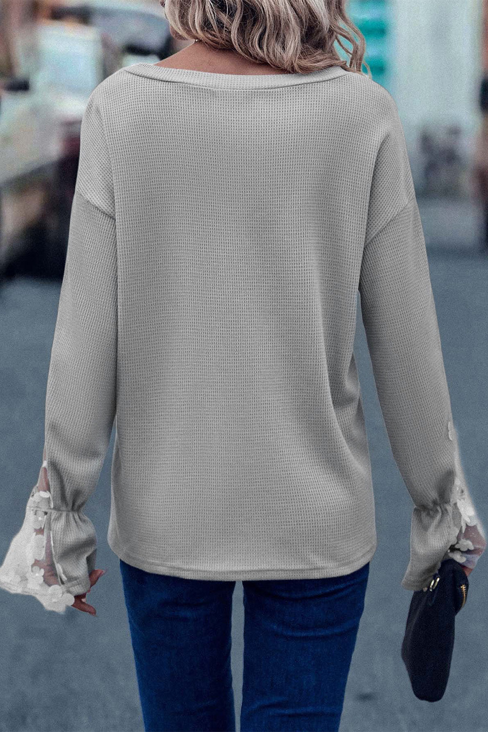 Gray Lace Mesh Flowers Contrast Waffle Knit Top