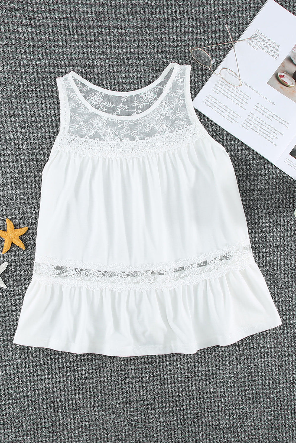 Lace Embroidery Ruffled Sleeveless Top