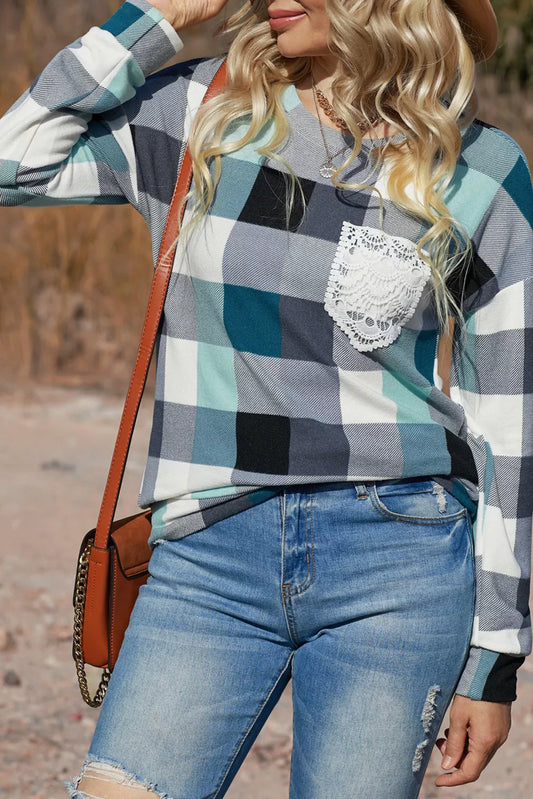 Plaid Print Lace Pocket Long Sleeve Top