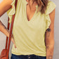 Sky Blue Casual Solid V Neck Butterfly Sleeve Tee