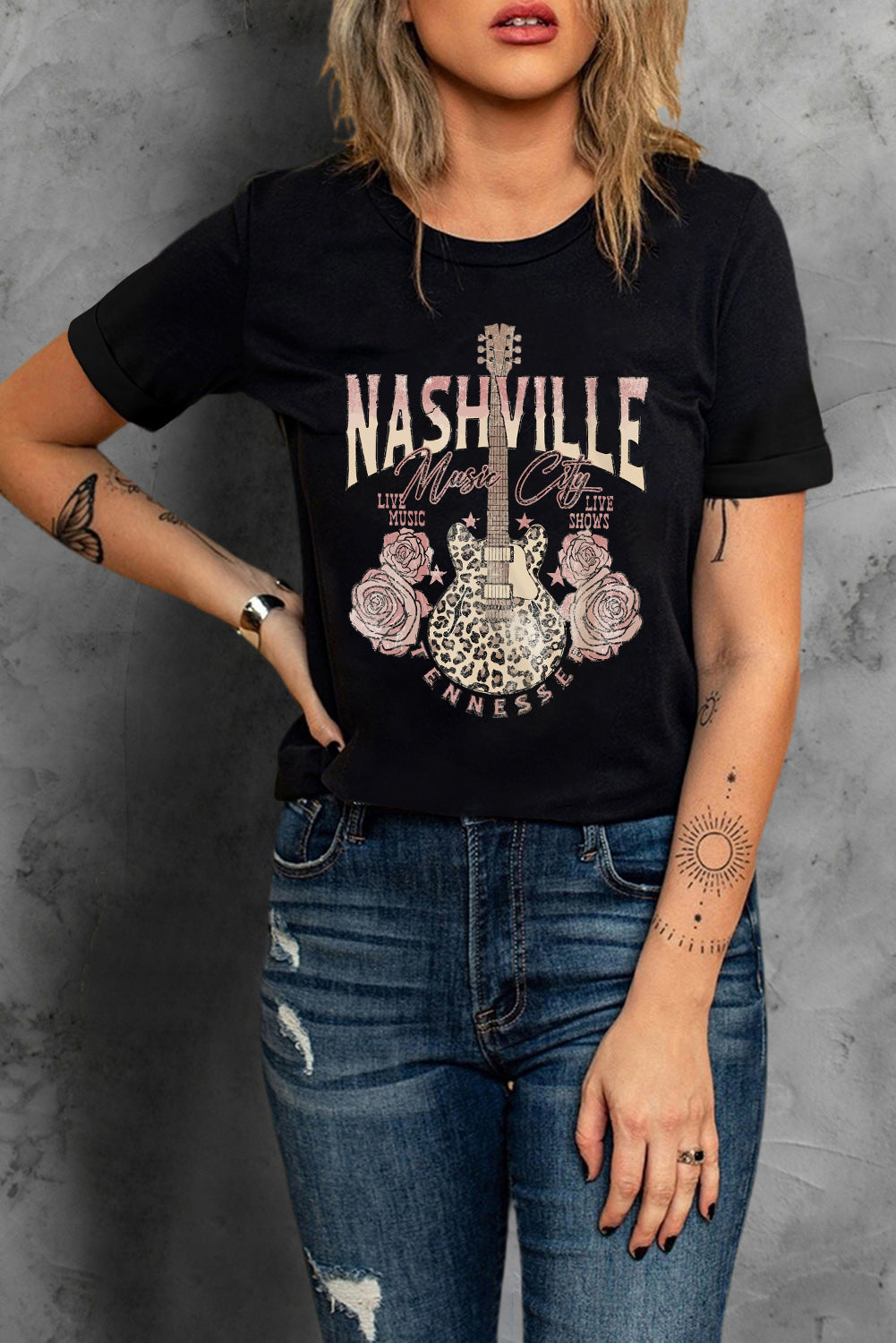 Nashville Leopard Guitar Rose Print Short Sleeve T Shirt