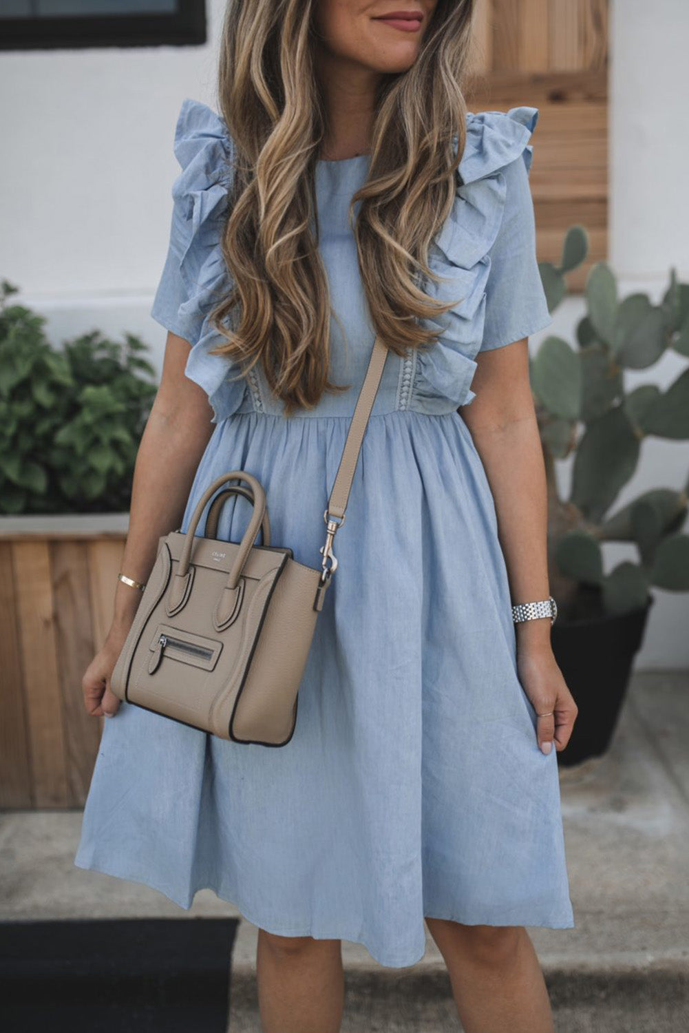 Sky Blue Ruffle Chambray Midi Dress