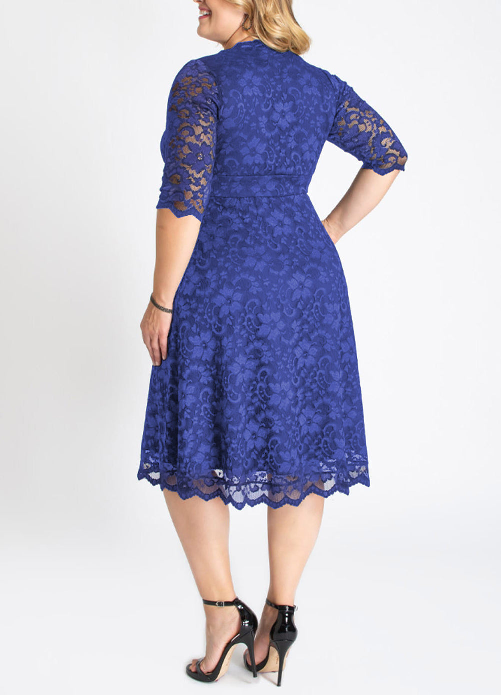 Blue Plus Size Half Sleeve Lined Lace Midi Dress