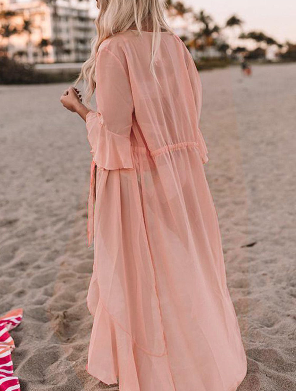 Pink Ruffle Half Sleeve Tie Front Flowy Beach Cover Up