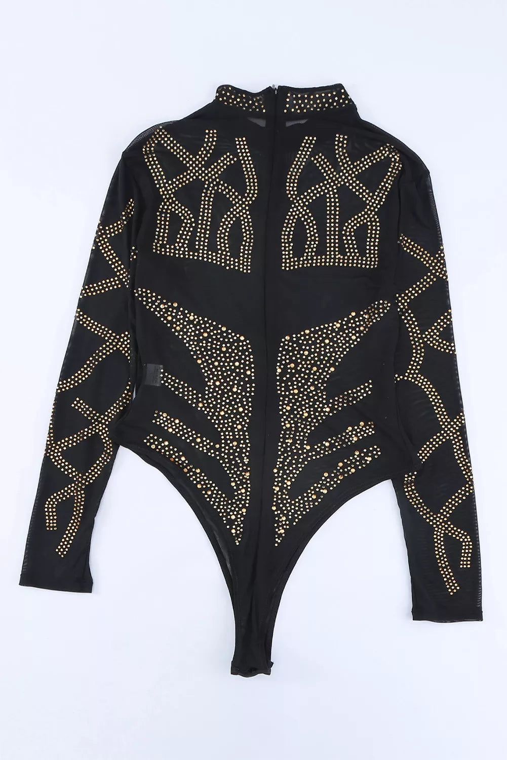 Rhinestone Faux Bustier Mesh Long Sleeves Bodysuit