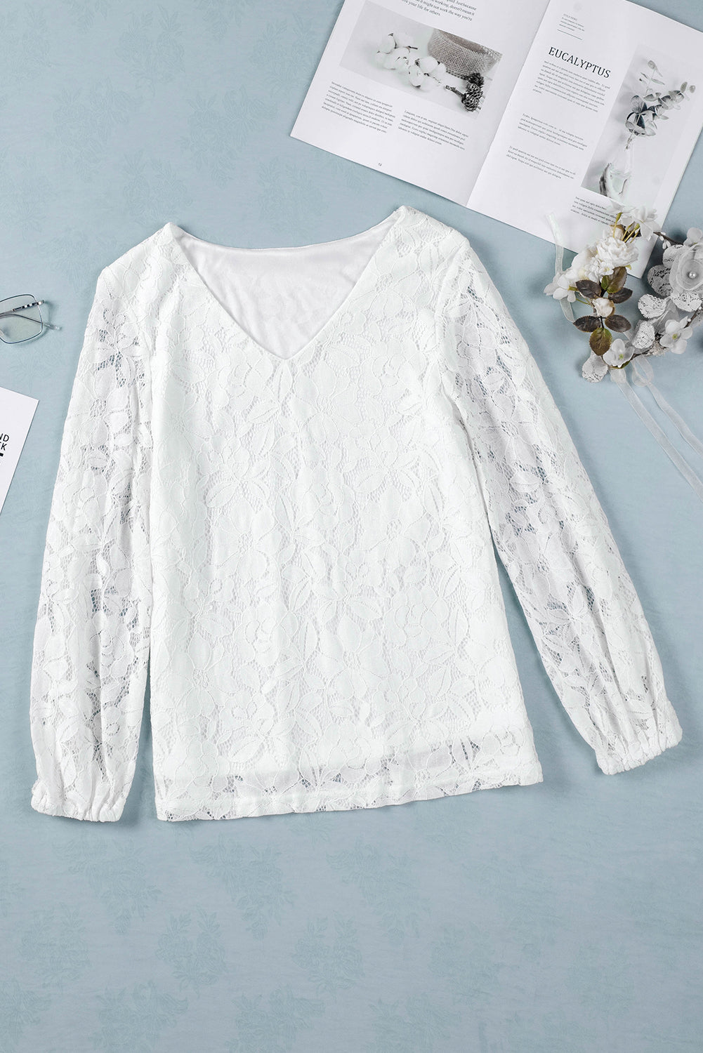 White Loose Puff Sleeve Lace Blouse