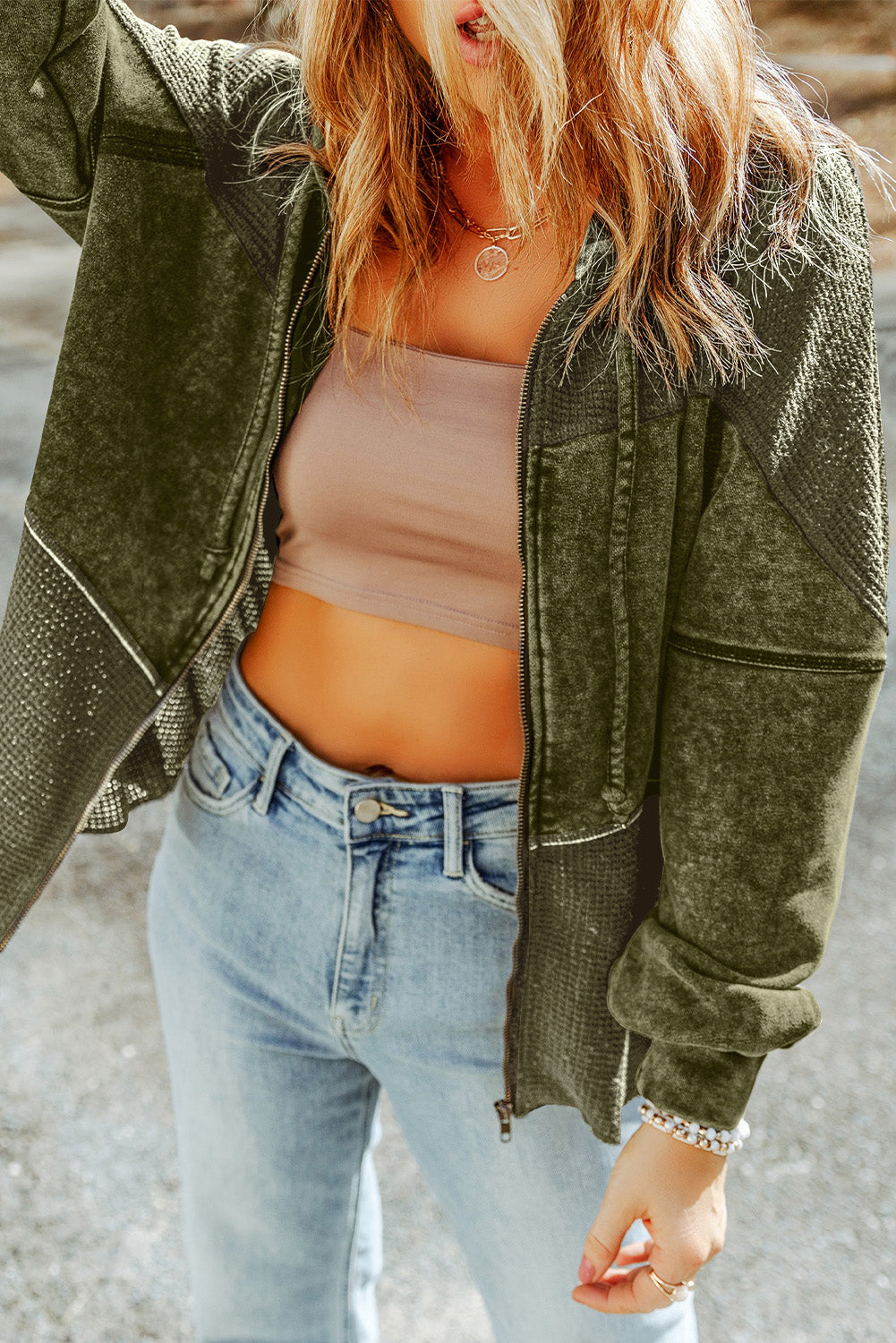 Waffle Patchwork Vintage Washed Hooded Jacket