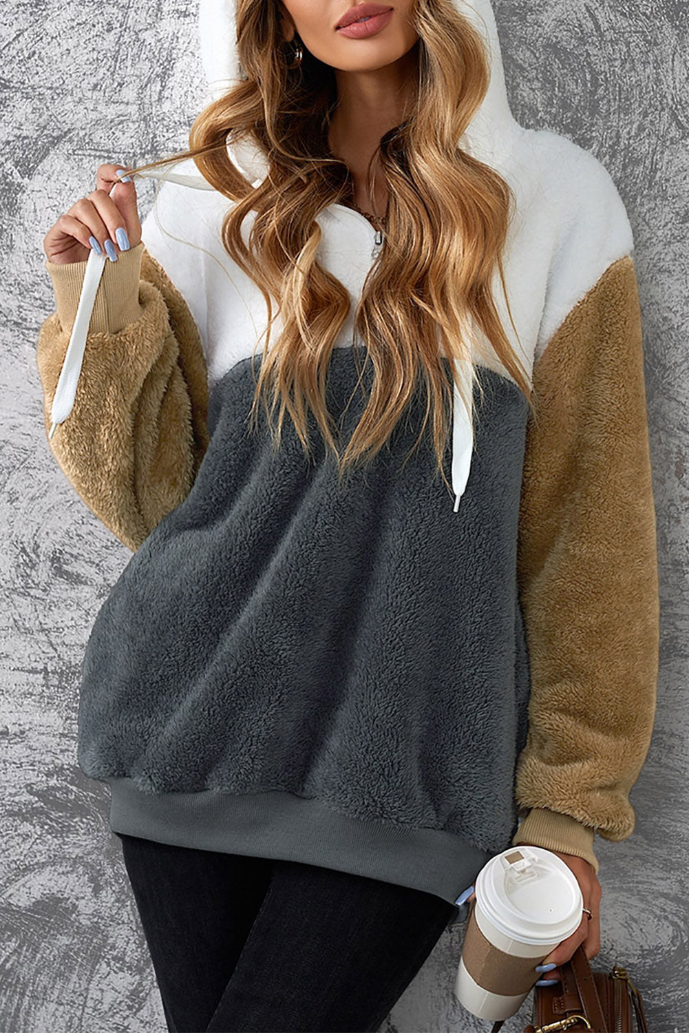 Colorblock Fluffy Faux Fur Hoodie