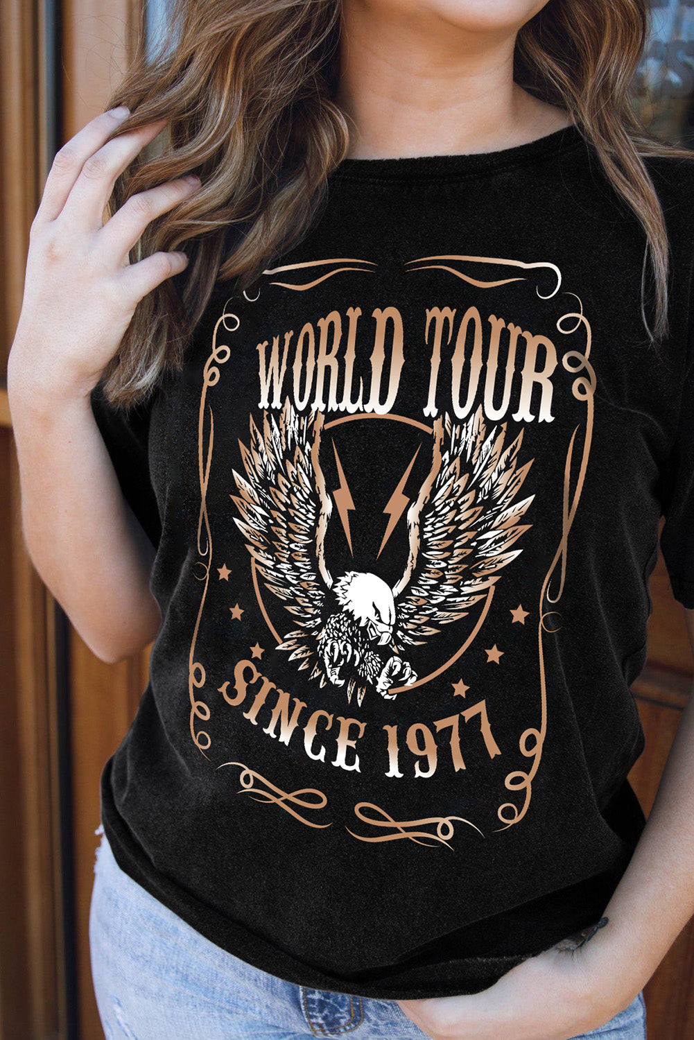 Black WORLD TOUR SINCE 1977 Eagle Print Graphic T Shirt