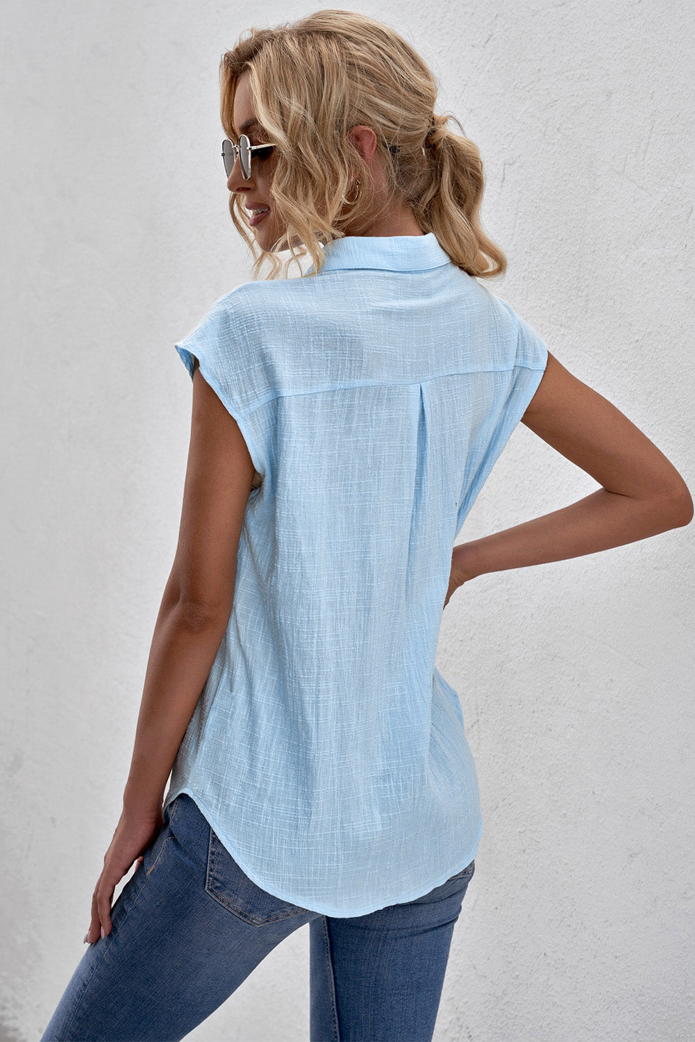 Sky Blue Turn-down Collar Button Front Tank