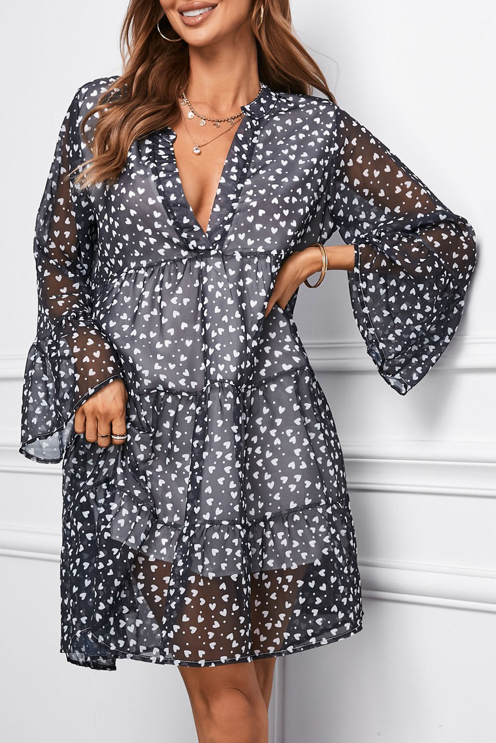 Print V neck Ruffle Swing Mini Dress