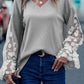 Gray Lace Mesh Flowers Contrast Waffle Knit Top