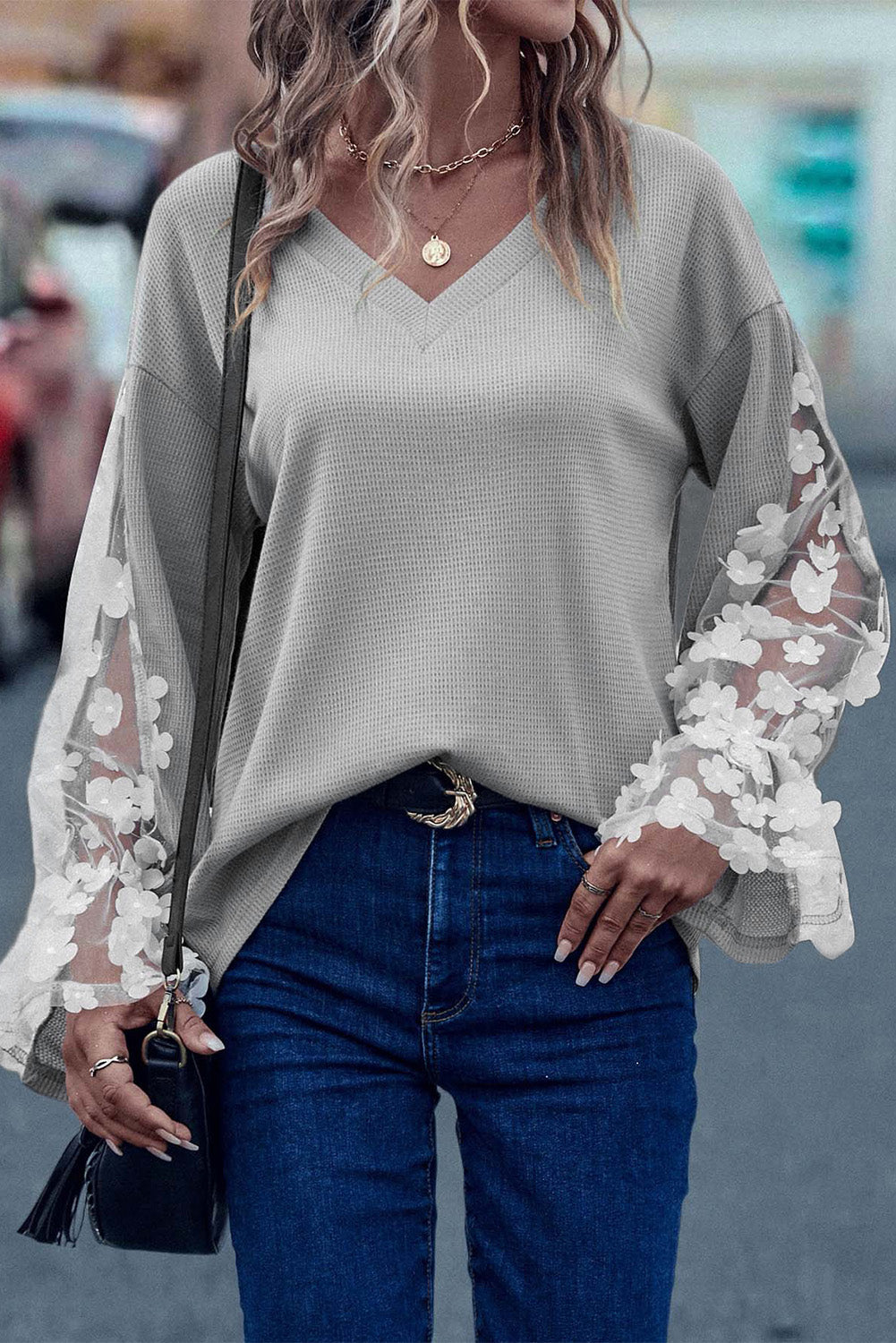 Gray Lace Mesh Flowers Contrast Waffle Knit Top