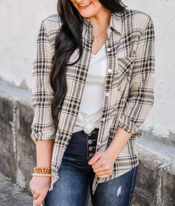 Khaki Chest Pocket Plaid Pattern Long Sleeve Shirt