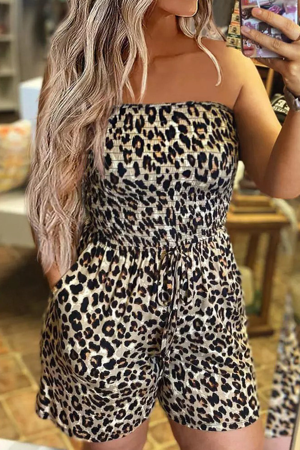 Leopard Strapless Smocked Bodice Drawstring Romper