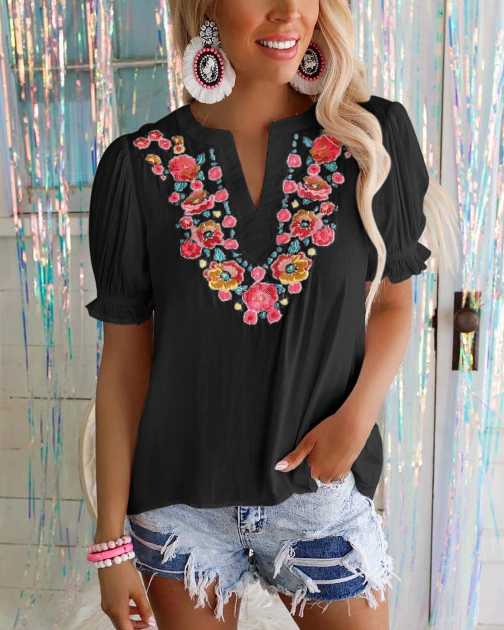 Black Floral Embroidered Ruffled Puff Sleeve Blouse