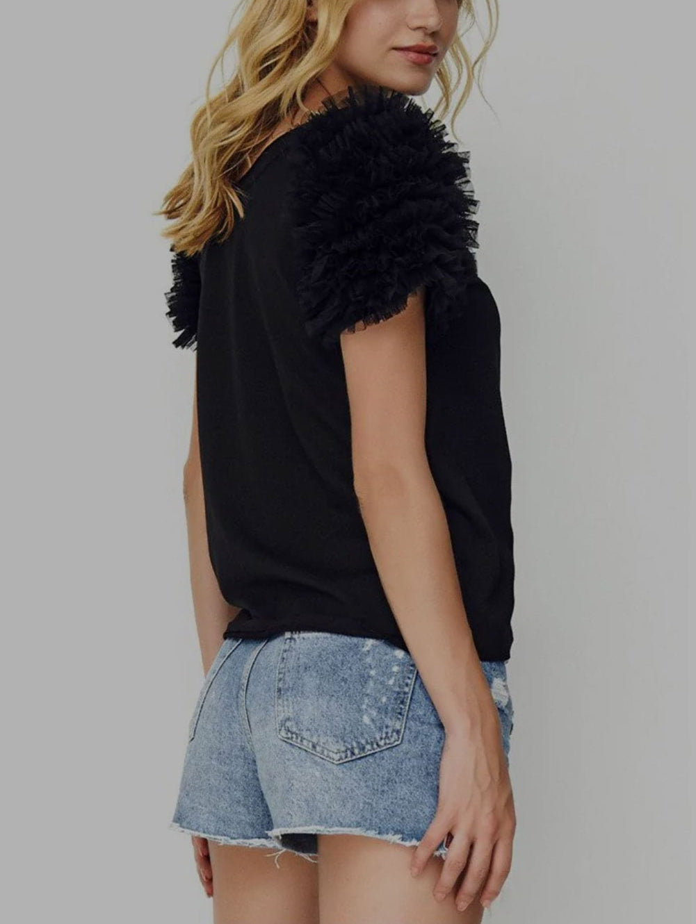 Black Mesh Ruffled Short Sleeve T Shirt