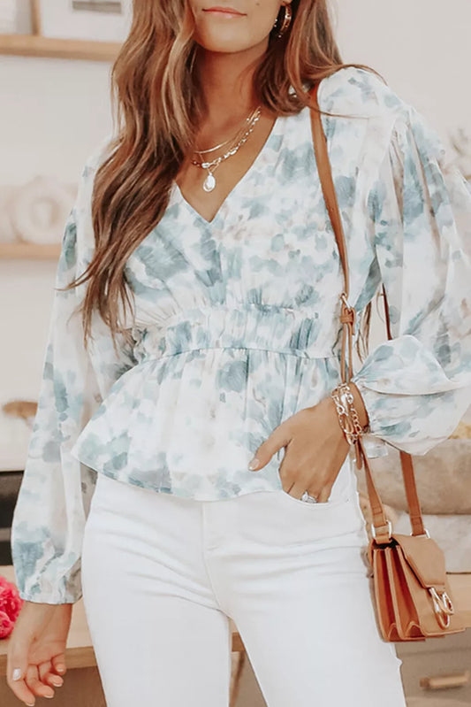 V Neck Tie-dye Peplum Top