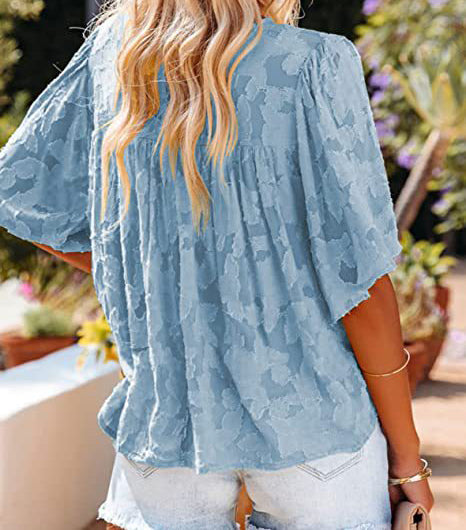 Paneled Lace Floral Flared-Sleeve Chiffon Top