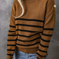 Striped Turtleneck Long Sleeve Sweater with Buttons