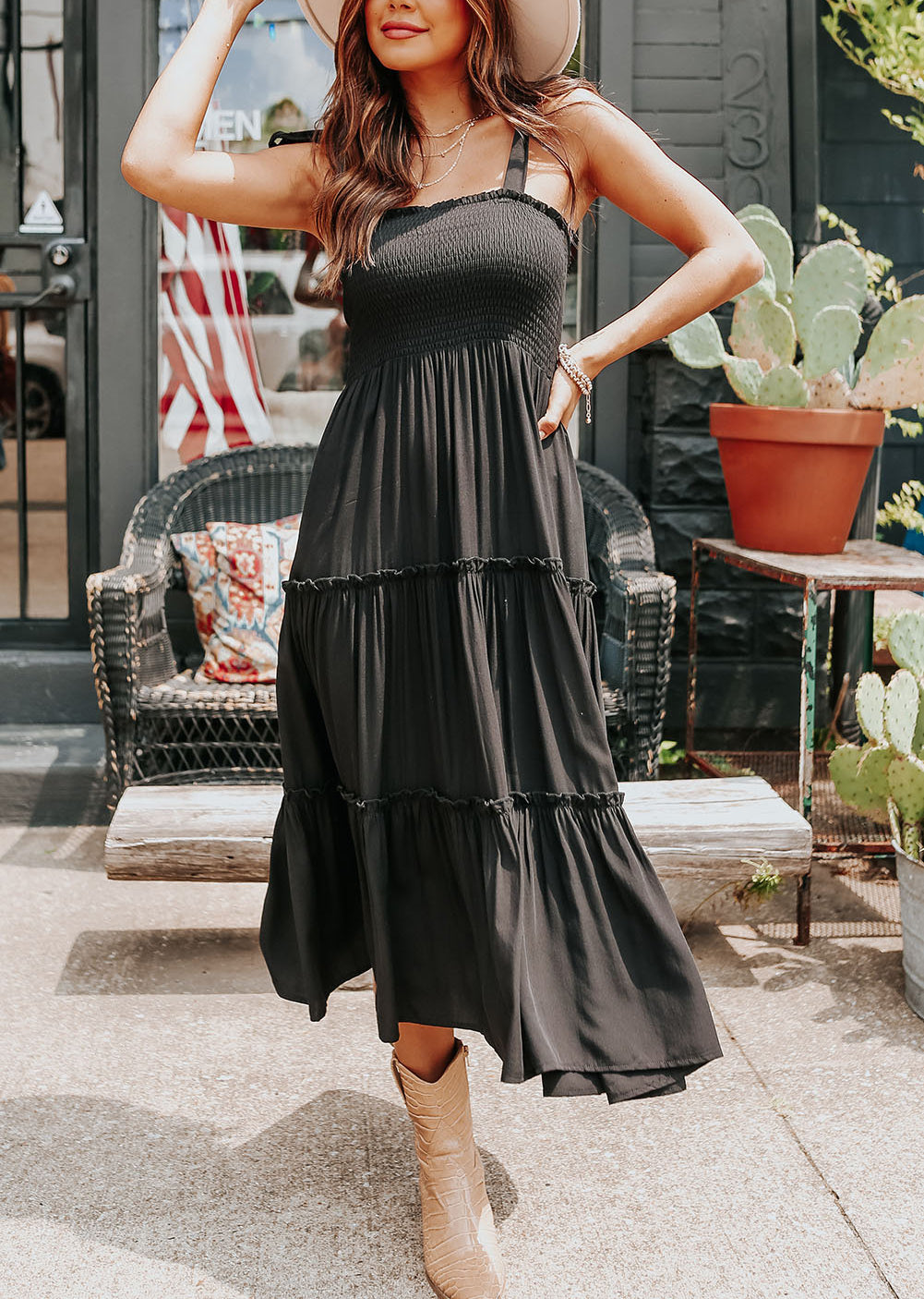 Black Tie Strap Smocked Frill Tiered Midi Dress
